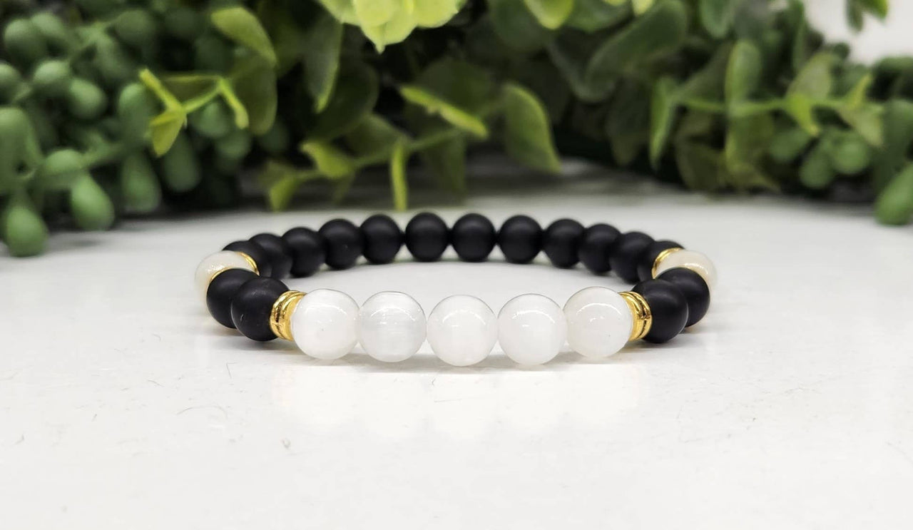 Cleansing Bracelet with Black Obsidian & Selenite 8mm Beads 7.5" Length #LV3997