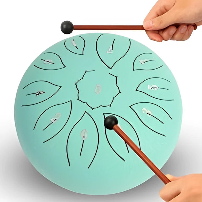6’’ mint green steel tongue drum LV7310 with leaf etchings, floral center, bag, mallets