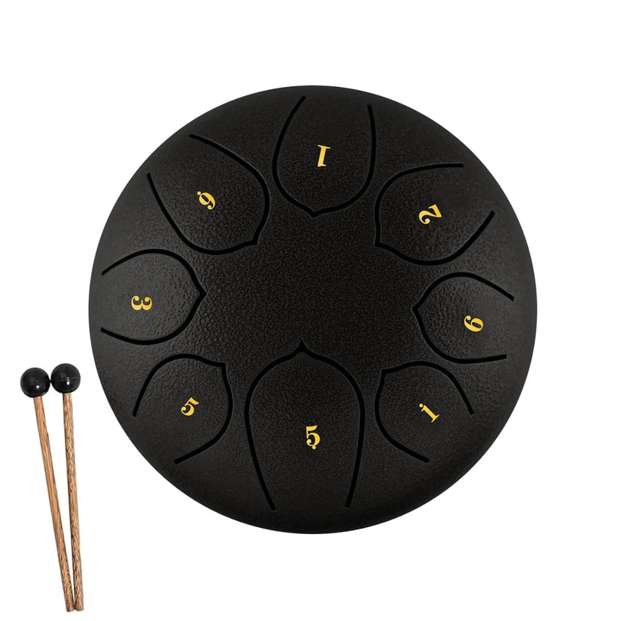 Black steel tongue drum with mallets and carrying bag for musical relaxation and meditation