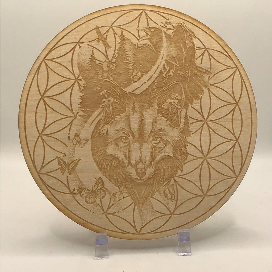 Hand-carved wooden plaque with a lion and flower of life design, product #SK2221