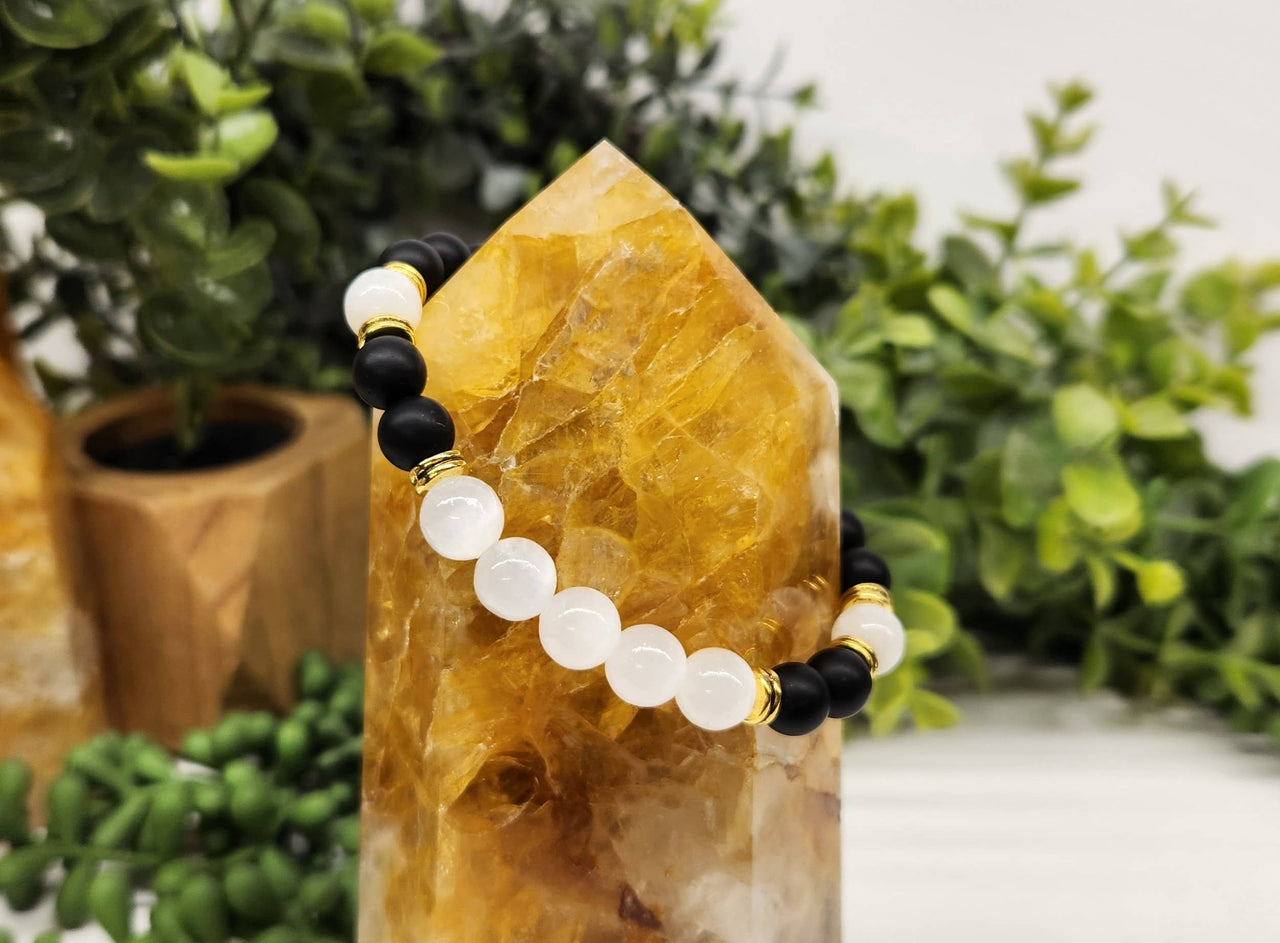 Cleansing Bracelet with Black Obsidian & Selenite 8mm Beads 7.5" Length #LV3997