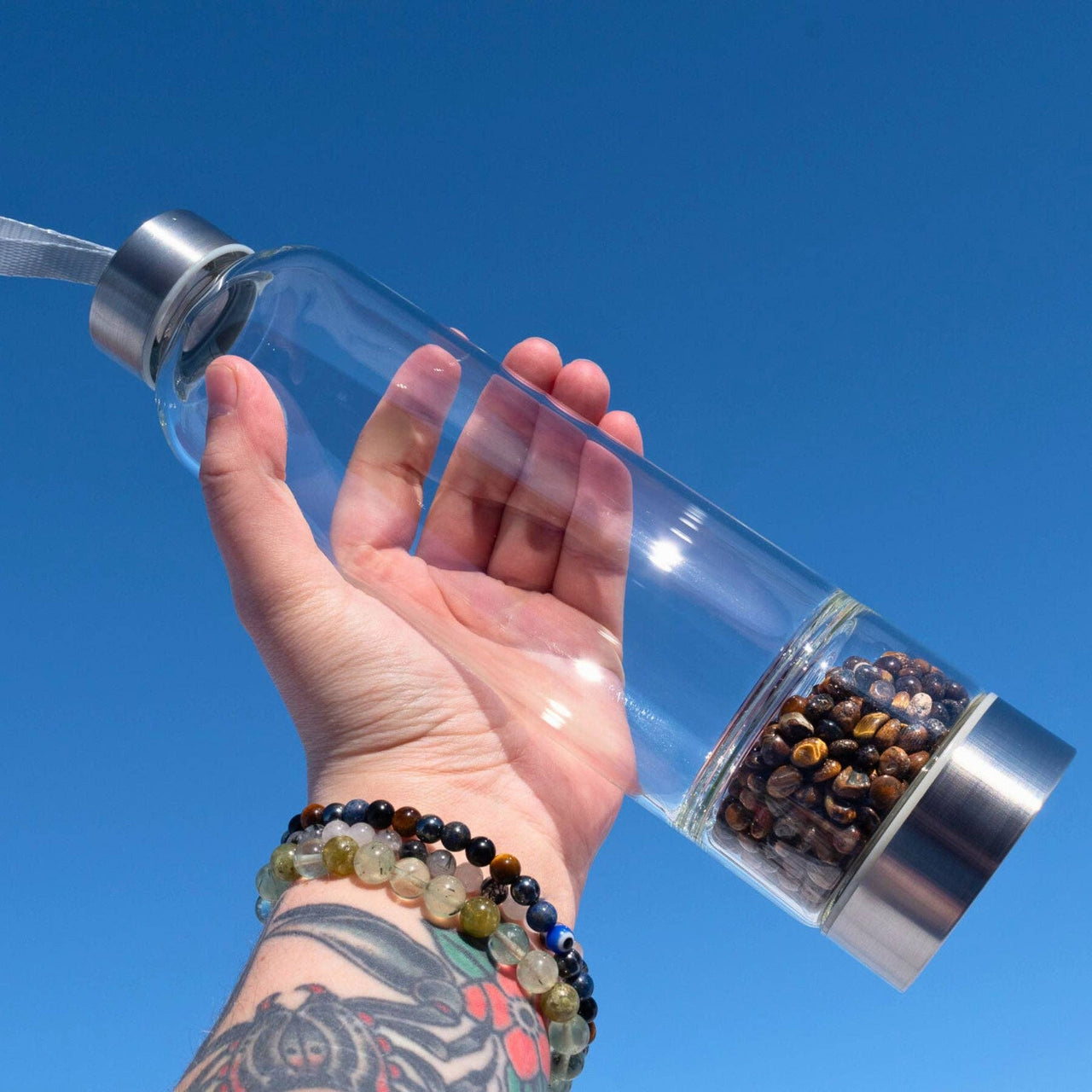 Glass Water Bottle with Crystal Compartment and Sleeve - includes mini crystals #BC0557