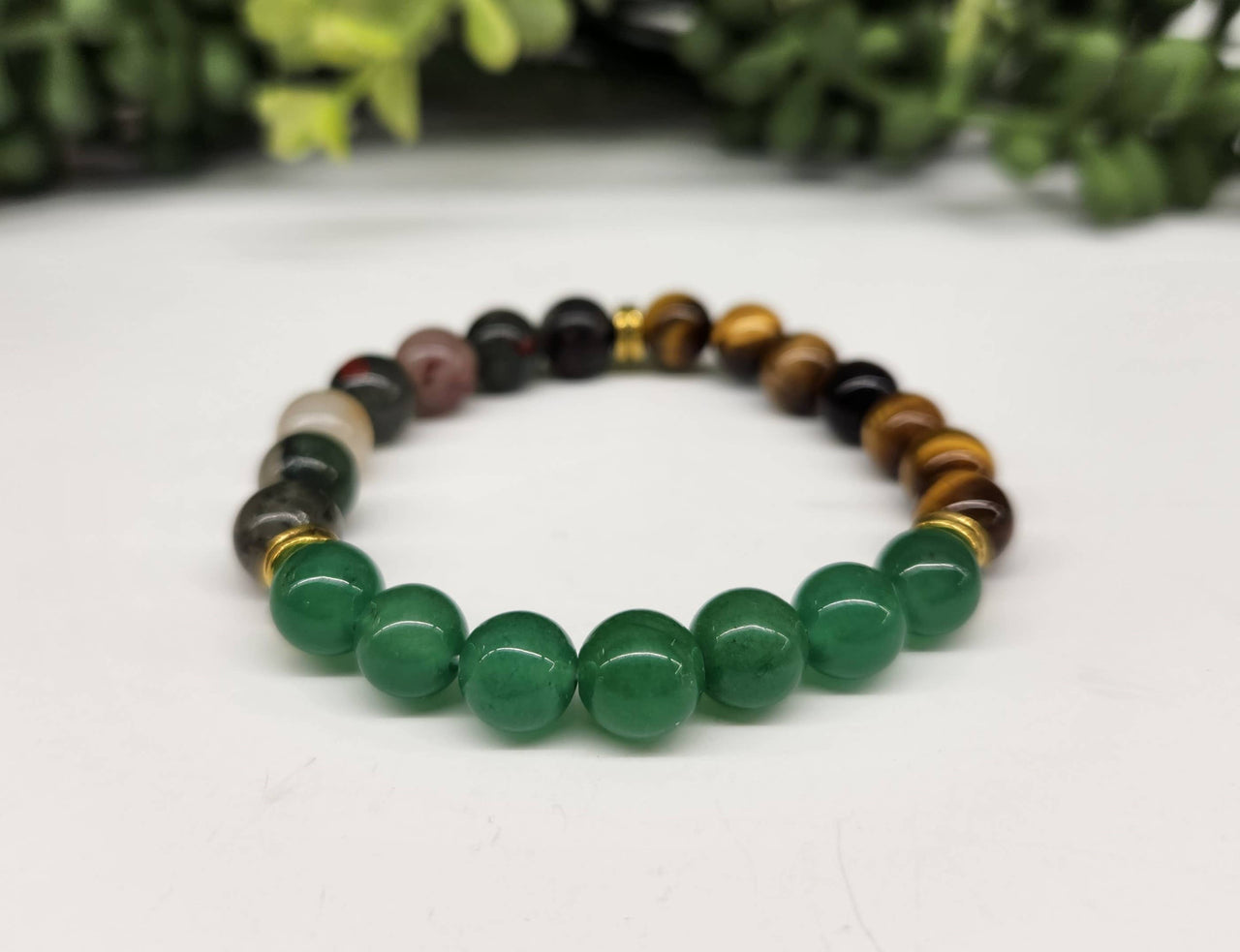 Abundance Bracelet - Green Jade, Tiger's Eye, Bloodstone 8mm Gemstone Beads #LV3998