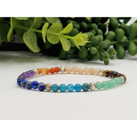 7 Chakra 4mm Semi-Precious Gemstone Rainbow Beaded Bracelet with Silver Accents and Gold Clasp LV9513