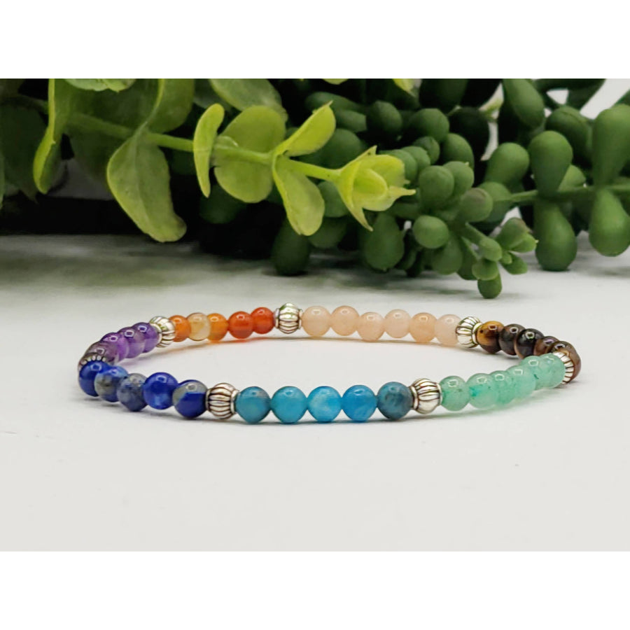 7 Chakra 4mm Semi-Precious Gemstone Rainbow Beaded Bracelet with Silver Accents and Gold Clasp LV9513