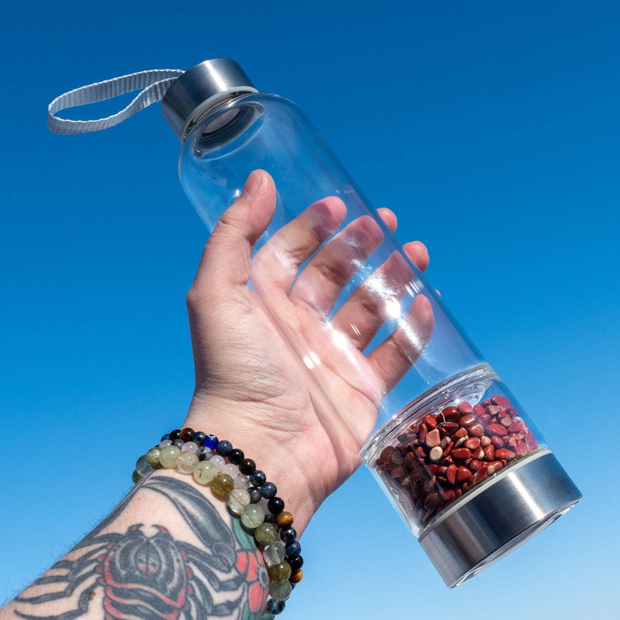 Glass Water Bottle with Crystal Compartment and Sleeve - includes mini crystals #BC0557
