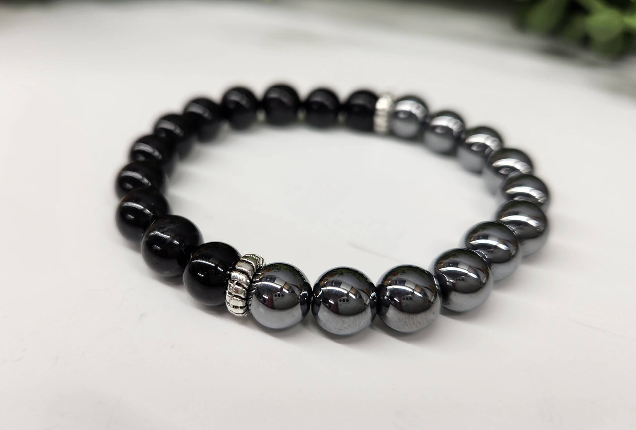 Terahertz and Black Tourmaline 7" Bracelet 8mm Beads #LV3999