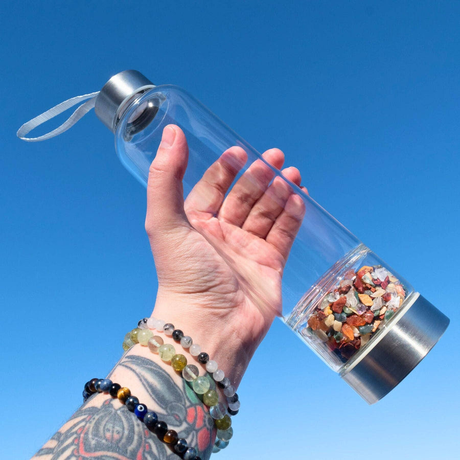 Glass Water Bottle with Crystal Compartment and Sleeve - includes mini crystals #BC0557