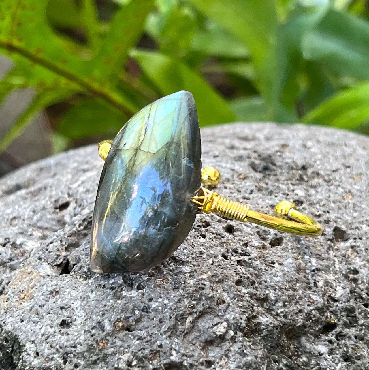 Labradorite Large Gemstone Gold Bangle Cuff Bracelet #LV5286