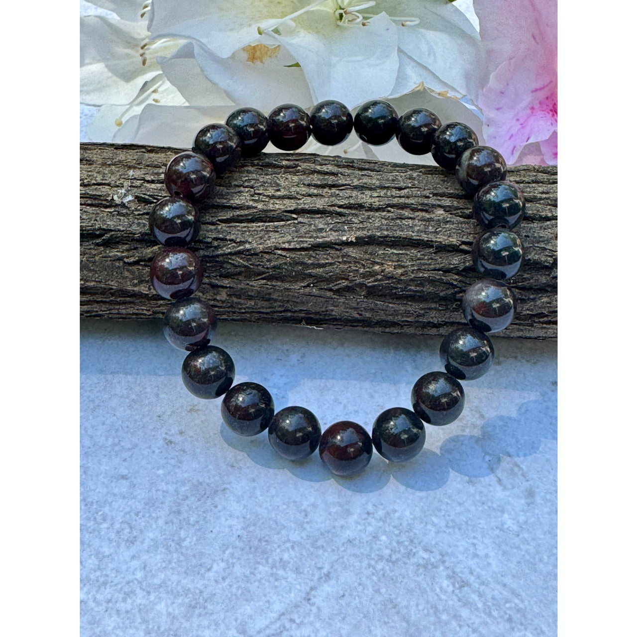 Dark polished garnet bead bracelet with smooth rounded design 8 mm bloodstone bracelet