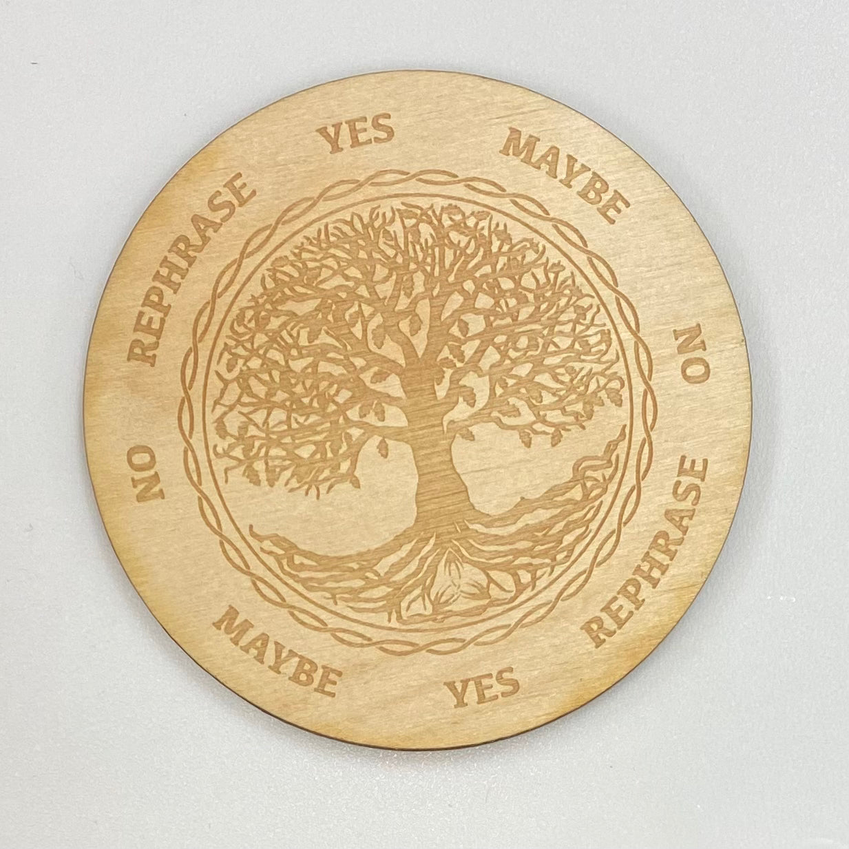 Wooden pendulum board with ’Speak Yes Made in Peace’ on 8’ Tree of Life design