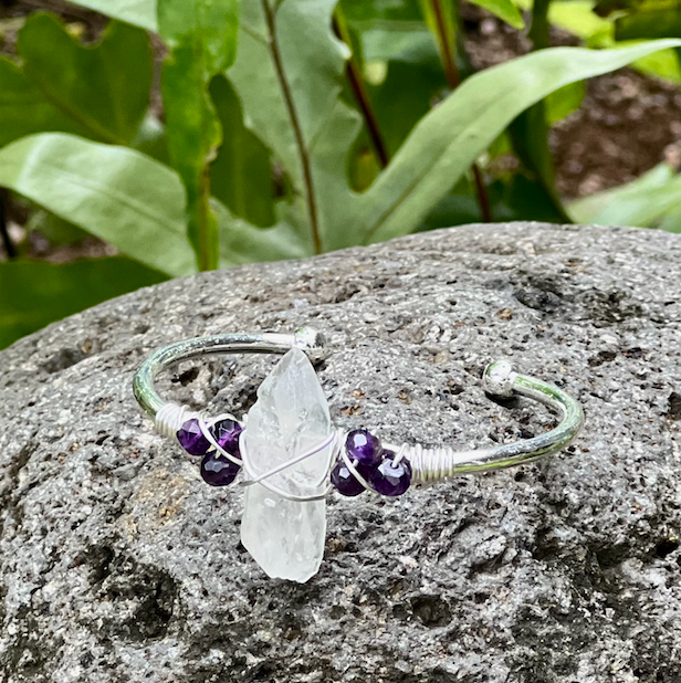 Crystal Quartz & Amethyst Gemstone Silver Bangle Cuff #LV6184