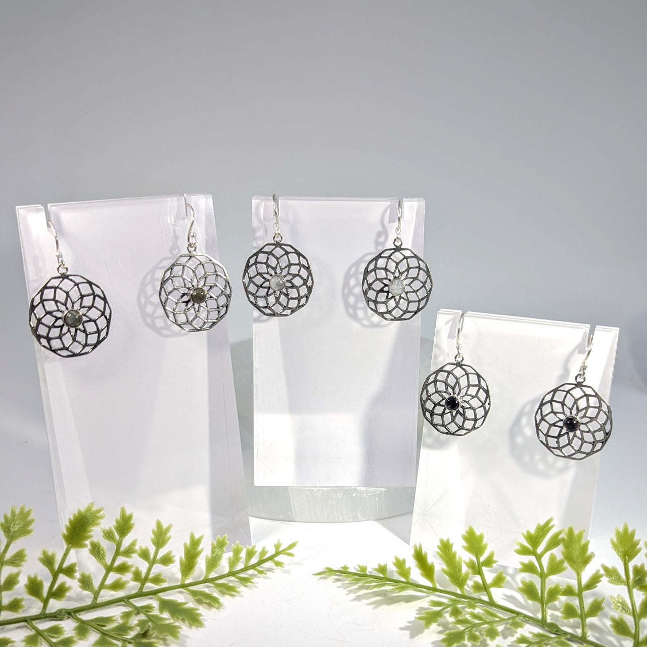 Brass Earrings 1" Flower of Life w Stone #BC1642