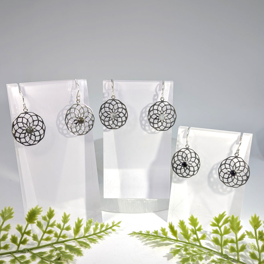 Brass Earrings 1" Flower of Life w Stone #BC1642