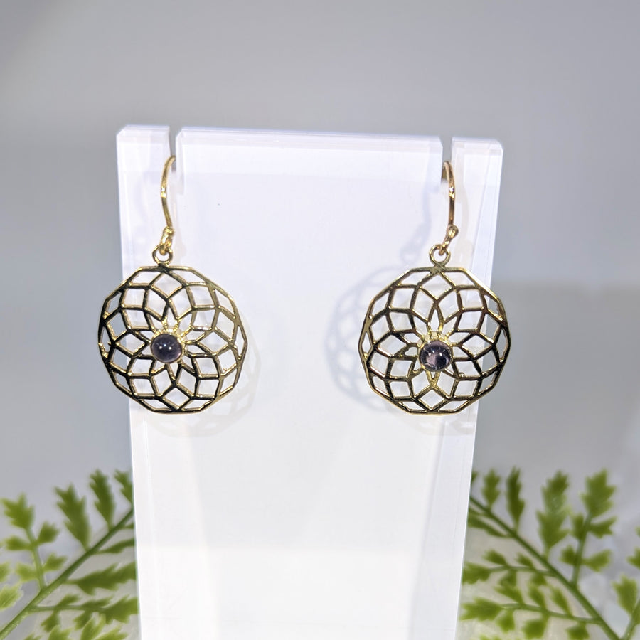 Amethyst Gold Brass Flower of Life Earrings 1" #BC1643