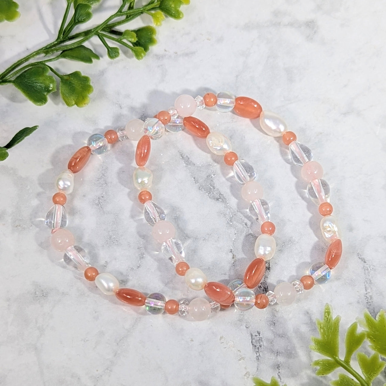 Rhodochrosite, Pearl 7" Rose Qtz Bracelet #BC1745