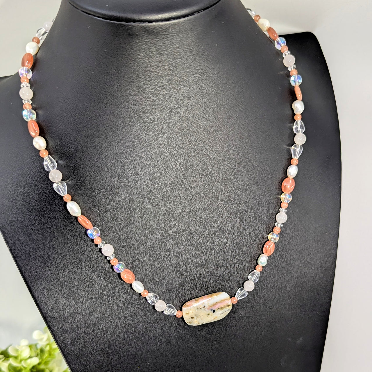 Rhodochrosite, Pearl 20" Rose Qtz, Opal Necklace #BC1746