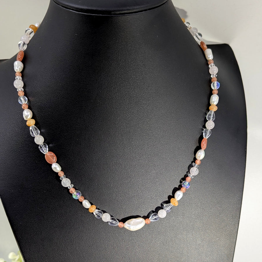 Rhodochrosite, Pearl 20-22" Rose Quartz Necklace #BC1747