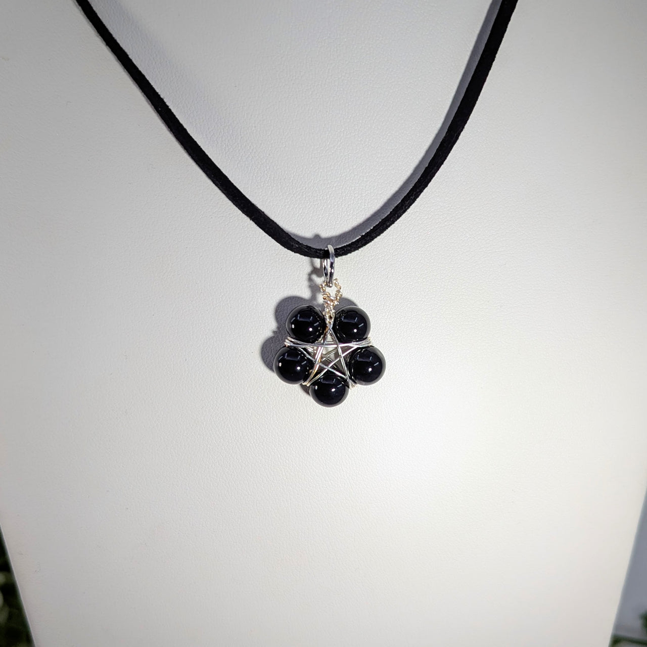 Black Agate Bead 20" Wire Pentagram Necklace #BC1902