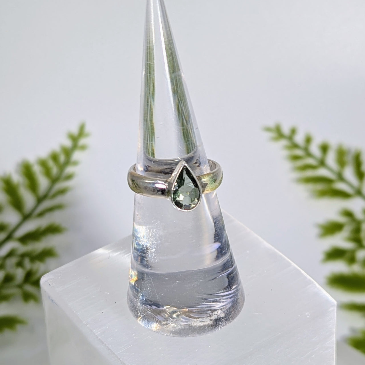 Moldavite Faceted Sz 5.75 Teardrop S.S. Ring #BC1918