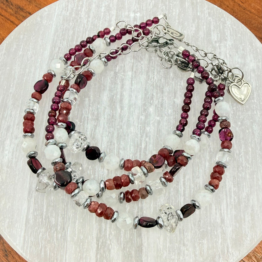 Ruby, Moonstone, Garnet and Herkimer Handmade Bracelet Adjustable with Clasp  #BC0598