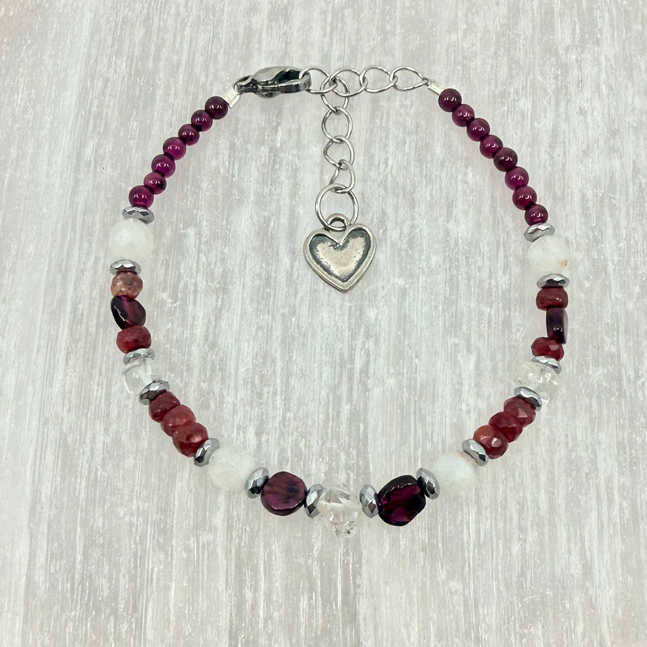 Ruby, Moonstone, Garnet and Herkimer Handmade Bracelet Adjustable with Clasp  #BC0598