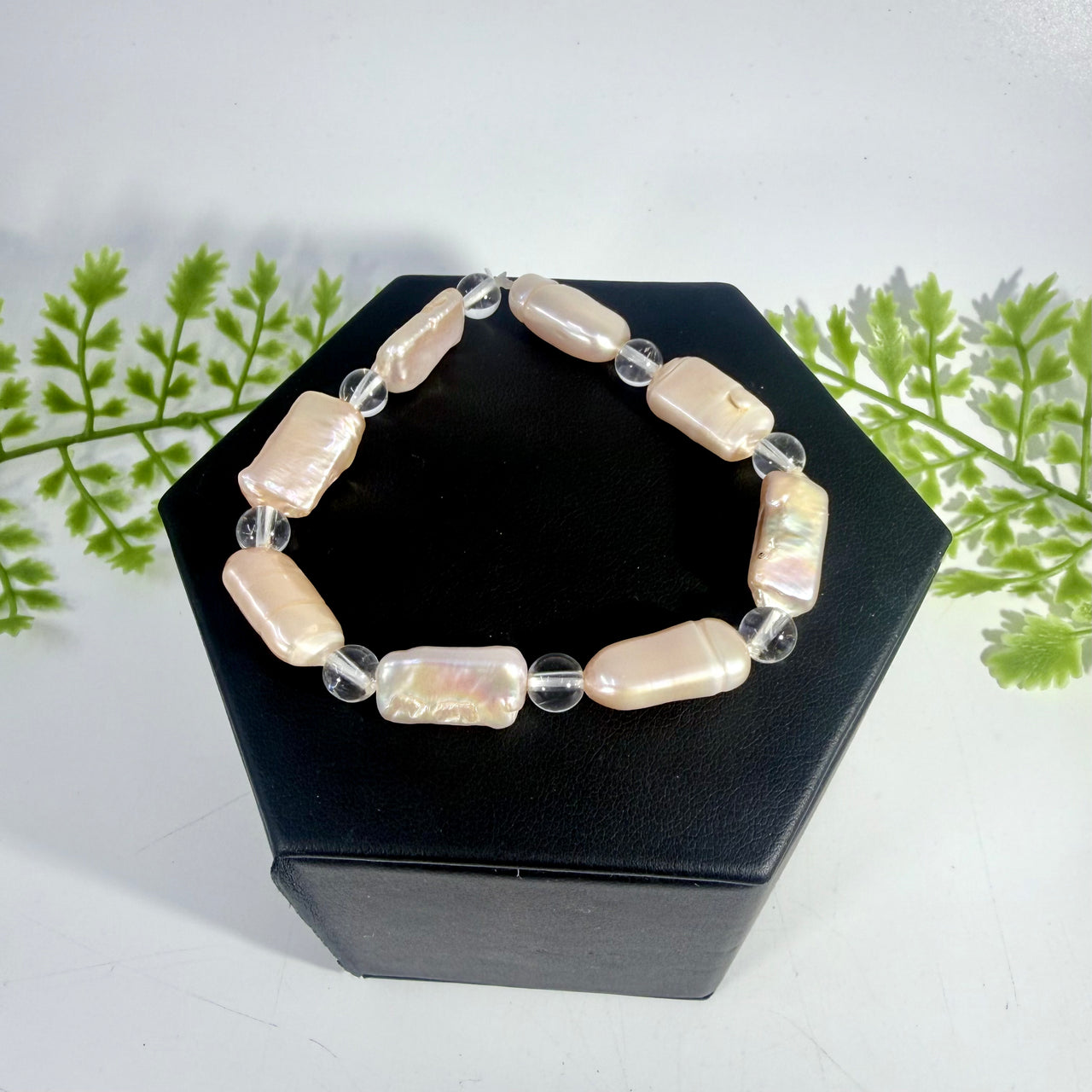 Peach Baroque Pearl and Quartz Bracelet 7"  #BC0564