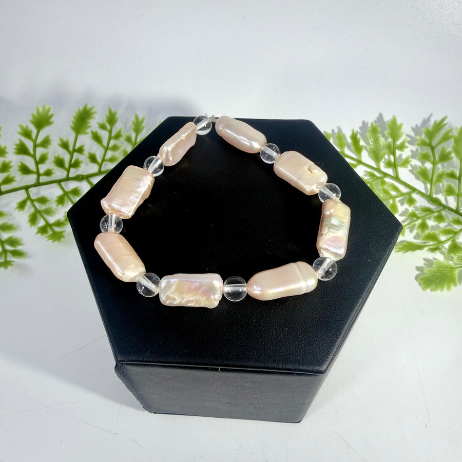 Peach Baroque Pearl and Quartz Bracelet 7"  #BC0564