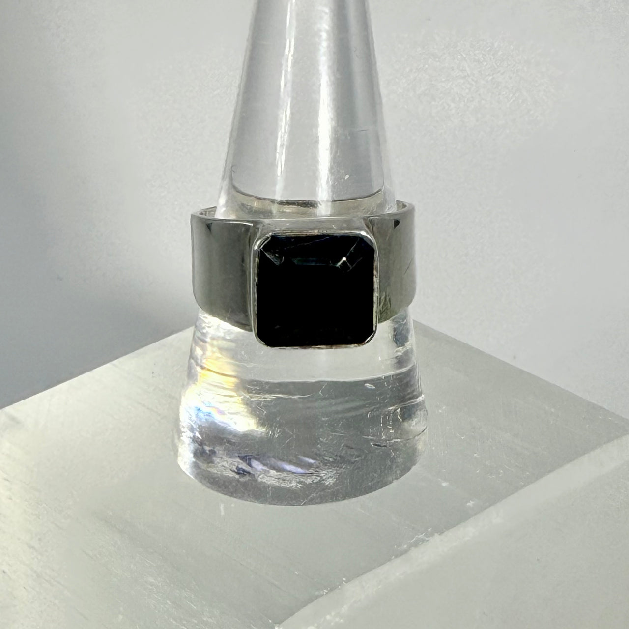 Black Tourmaline  S.S. Square Faceted Ring #LV5535