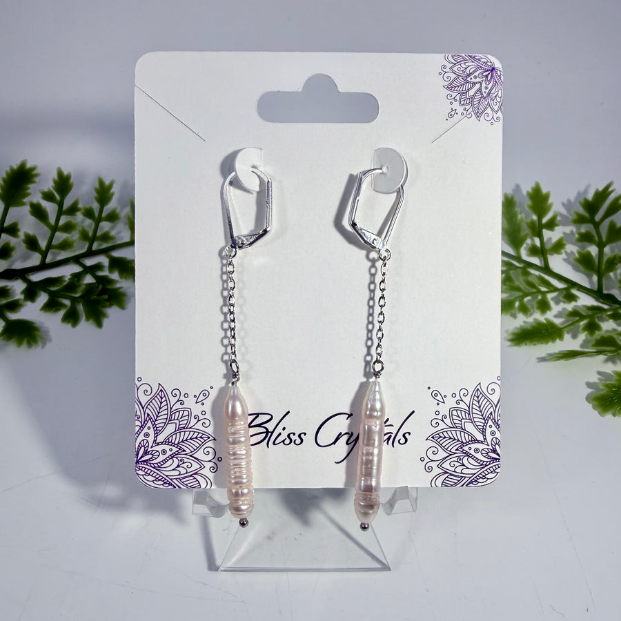 Biwa Stick Pearl Earrings on Chain Dangle Stainless Steel #BC0560
