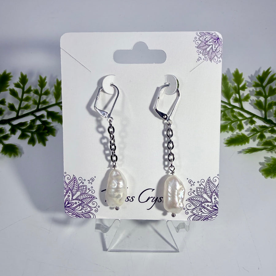 Baroque Pearl Earrings on Chain Dangle Stainless Steel #BC0561