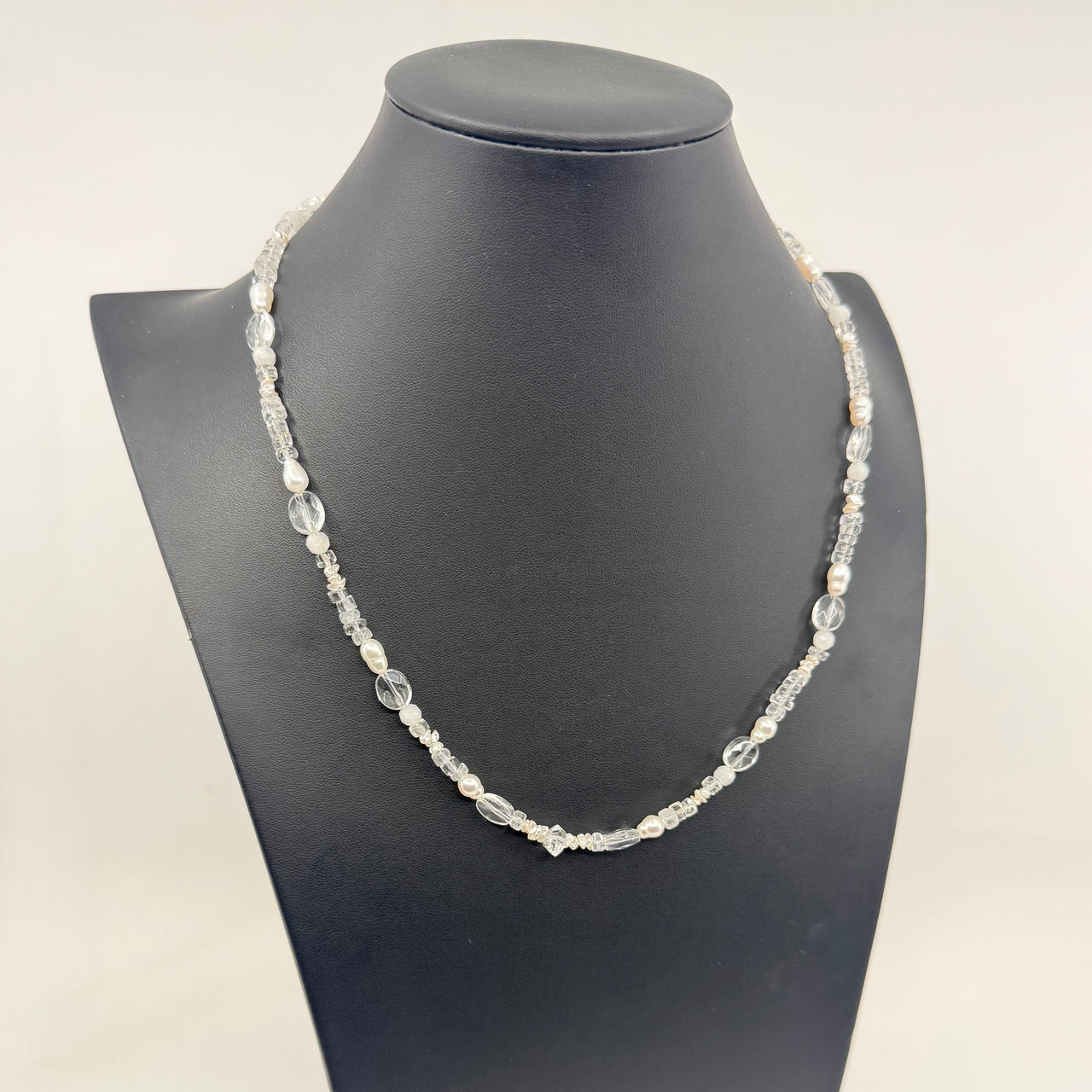 Pearl, Moonstone, Quartz and Herkimer Handmade Necklace Adjustable with Clasp  #BC0599