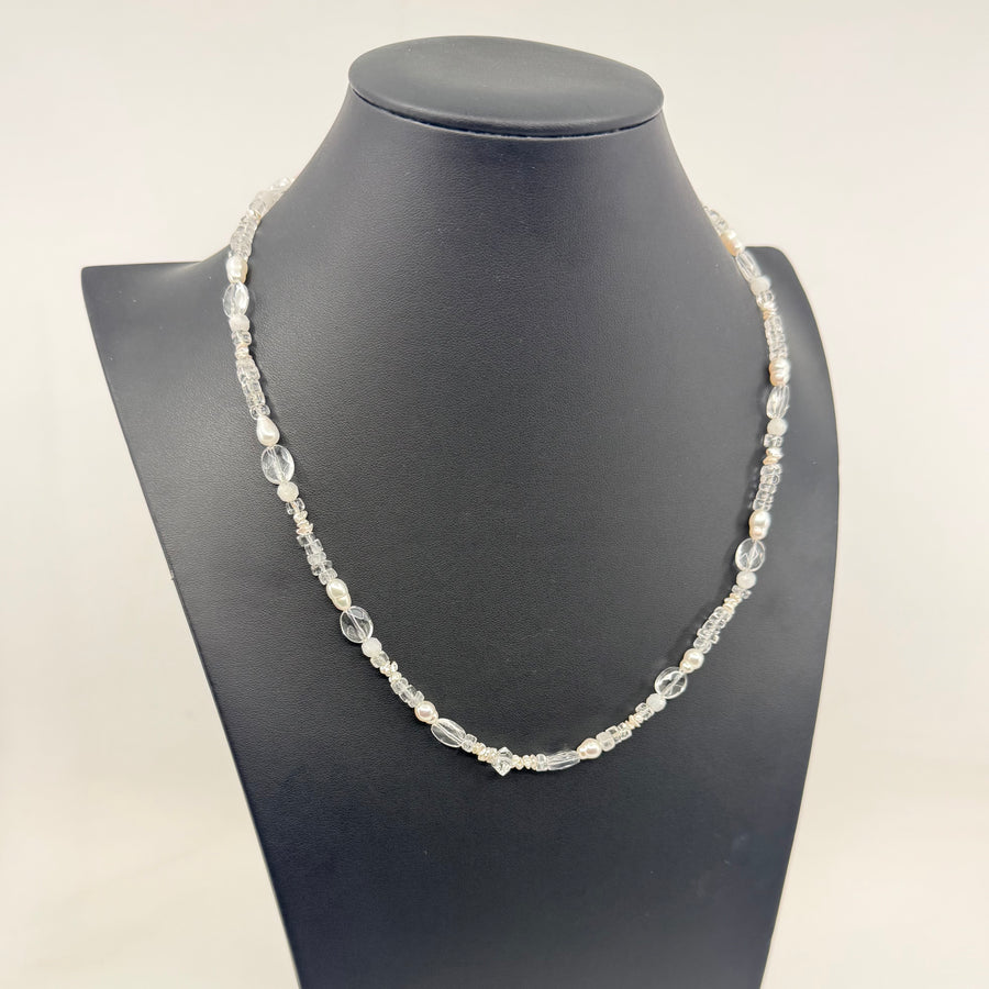 Pearl, Moonstone, Quartz and Herkimer Handmade Necklace Adjustable with Clasp  #BC0599