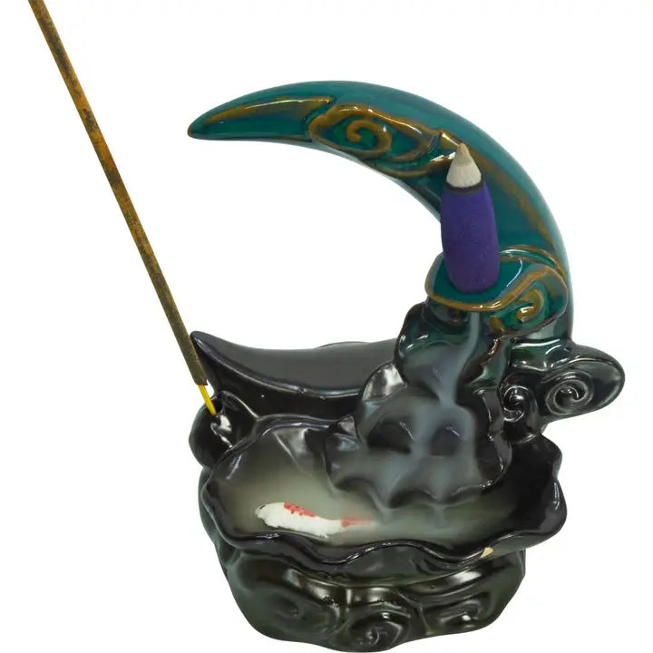 Koi Fish Moon Ceramic Backflow Incense Burner #Q410