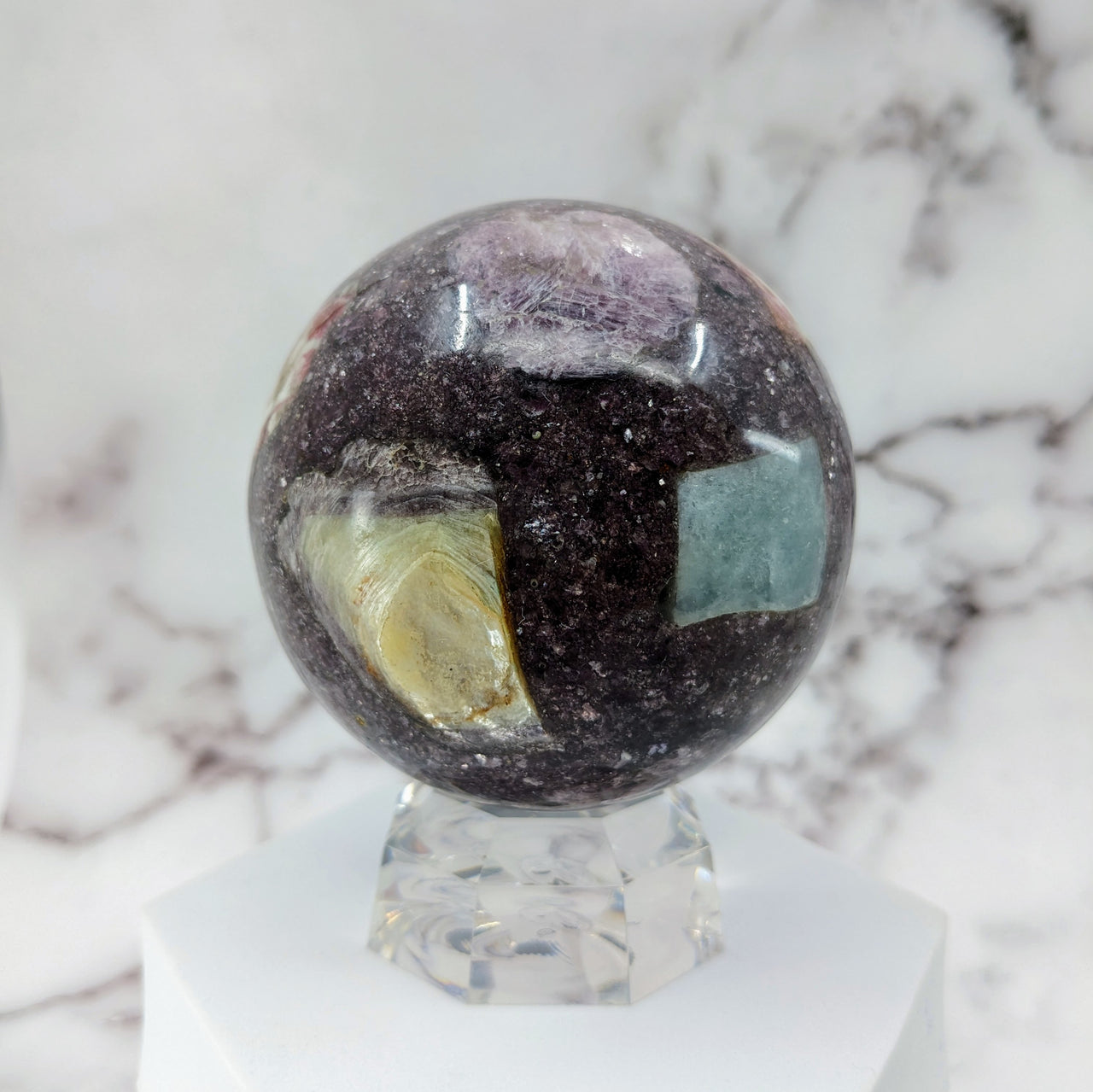 Mosaic Lepidolite 3.5" w/ Beryl & Tourmaline Sphere #LV3416