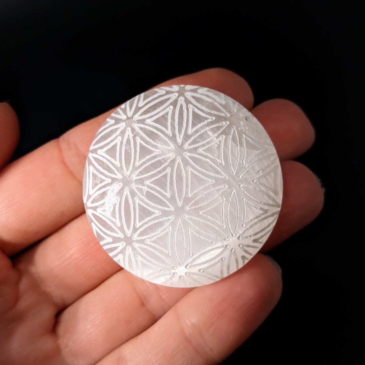 Selenite Etched  1.5" Flower of Life Palm #LV4132