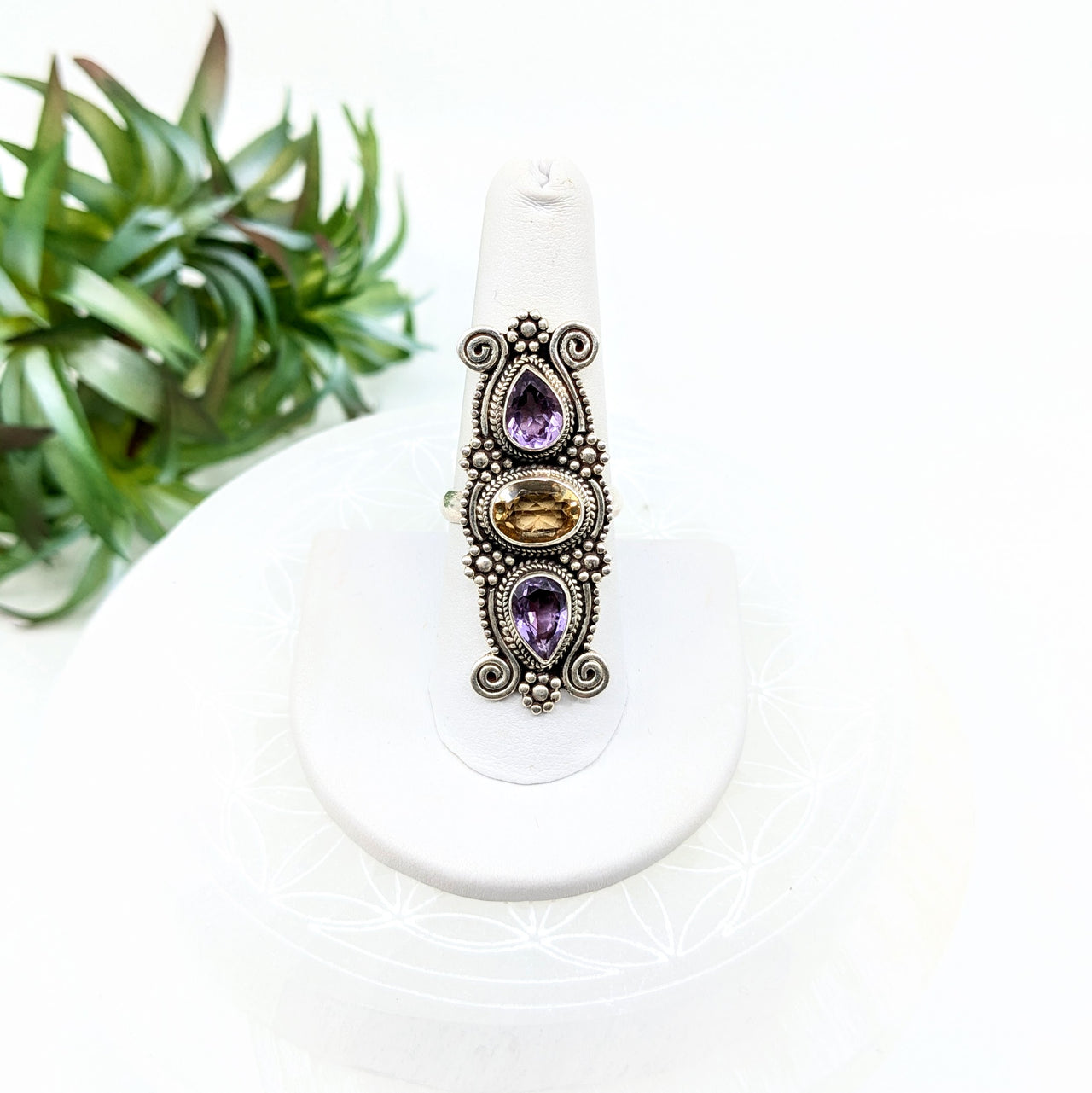 Amethyst & Citrine Sz. 8  S.S. Triple Ring #LV4953