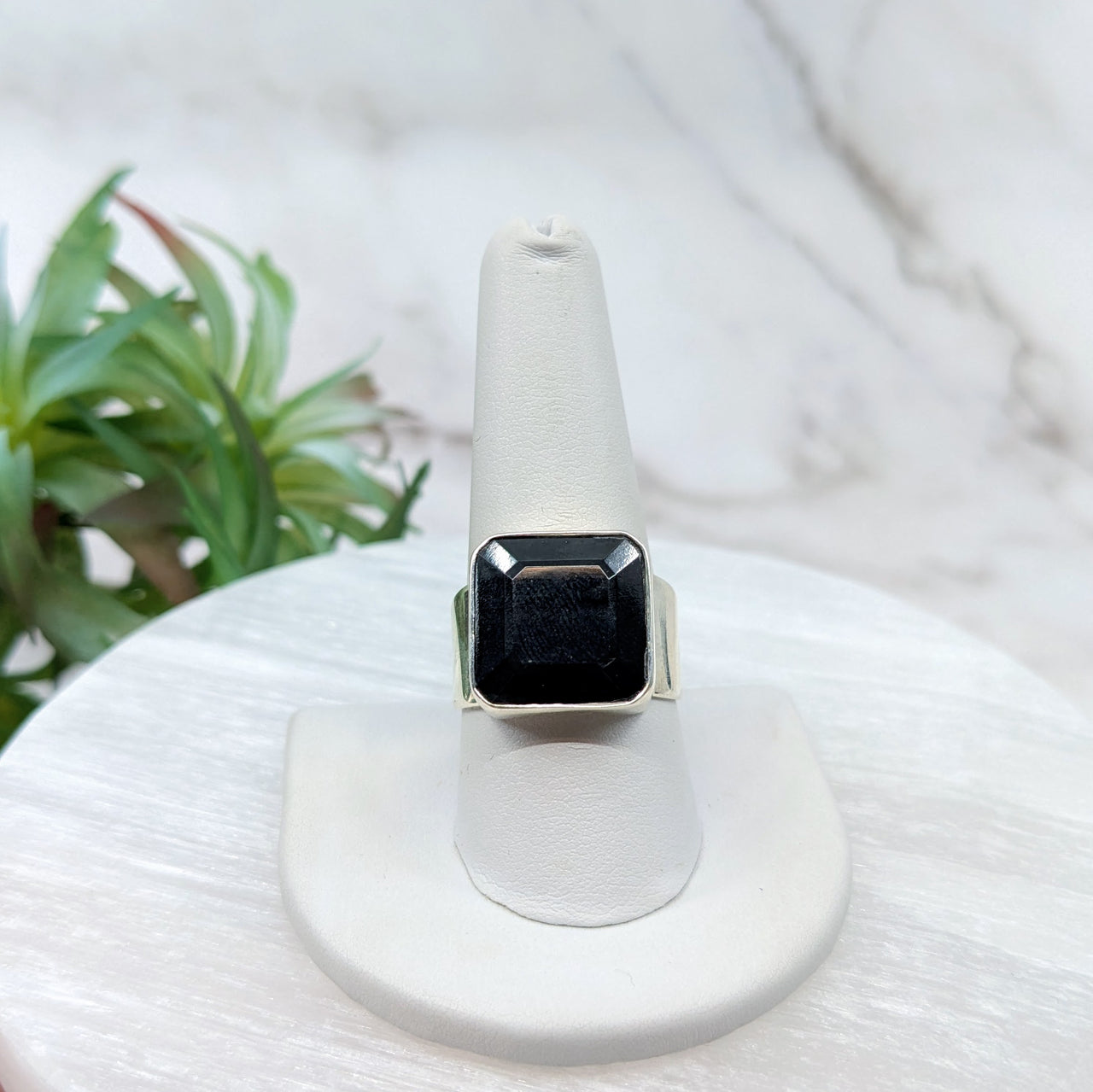 Black Tourmaline  S.S. Square Faceted Ring #LV5535