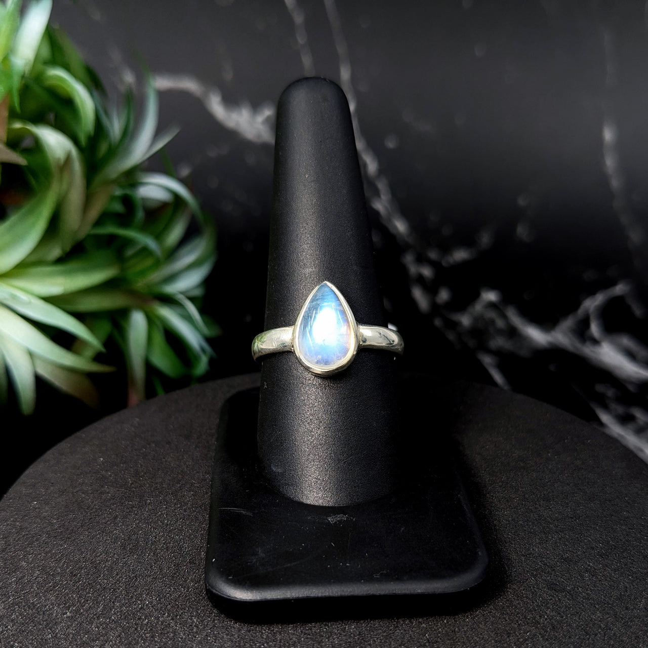 Rainbow Moonstone   Sz. 10 S.S. Teardrop Ring #LV5547