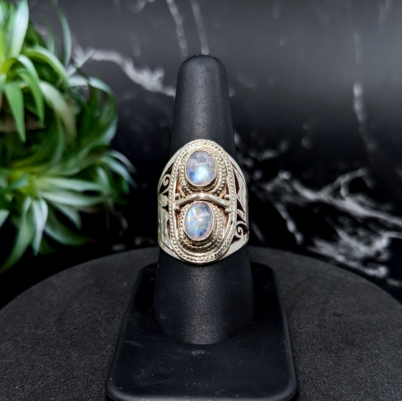 Rainbow Moonstone  Sz. 8.5 S.S. Double Ring #LV5552