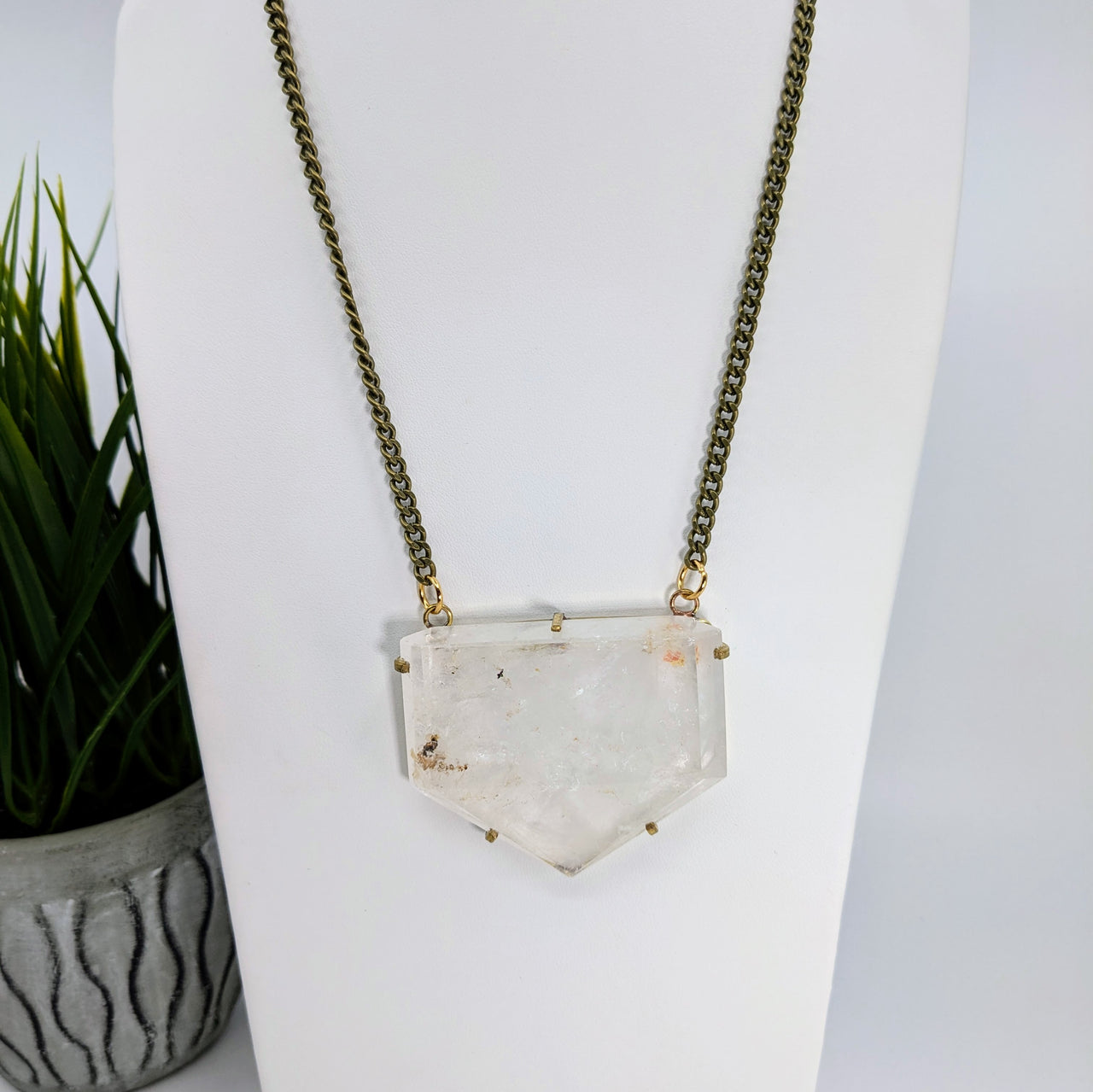 Clear Quartz 2" Flat Point 18" Necklace Antique Brass #LV5787