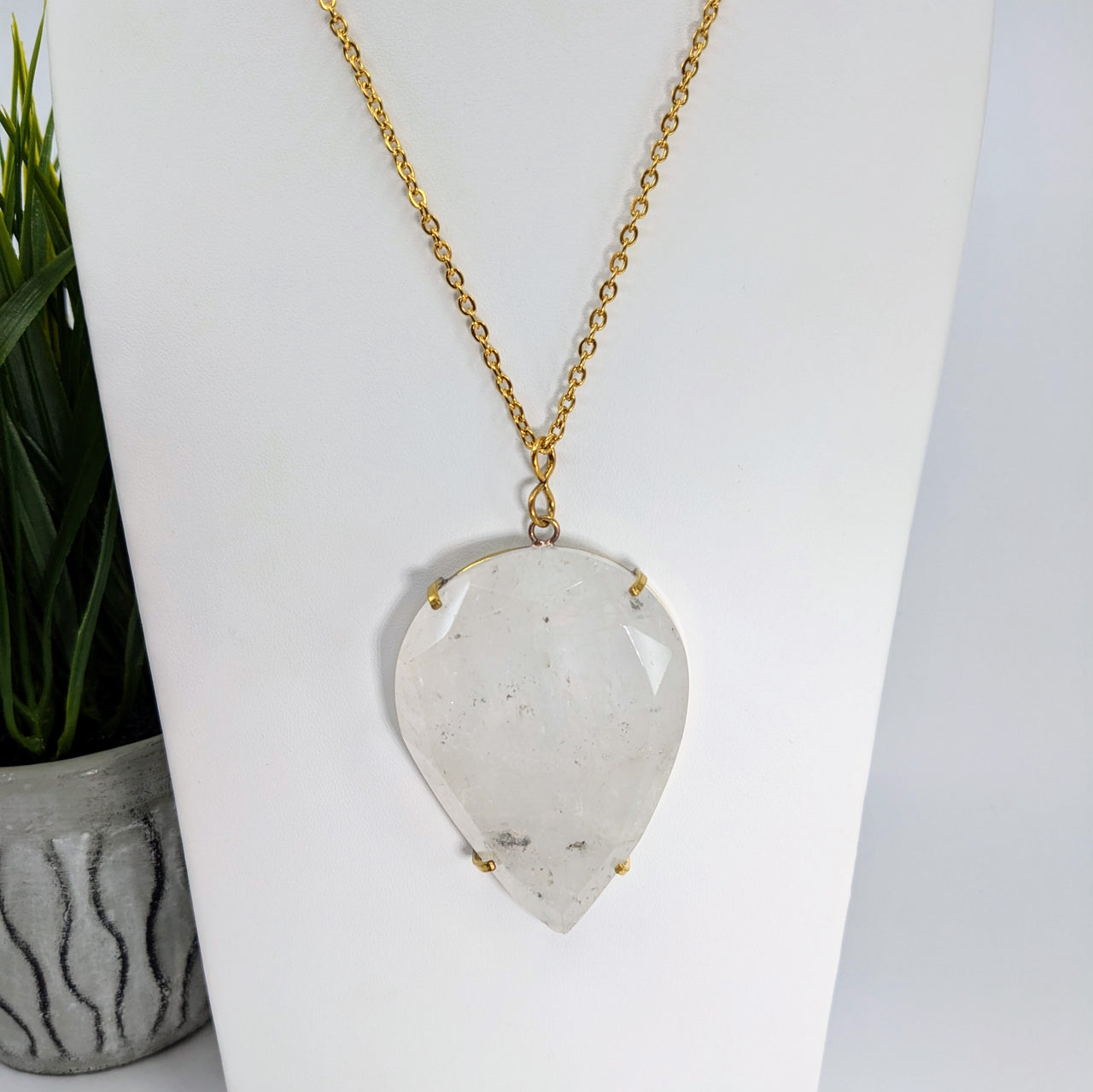 Clear Quartz 2.5" Gem Cut Teardrop 28" Necklace Gold #LV5790