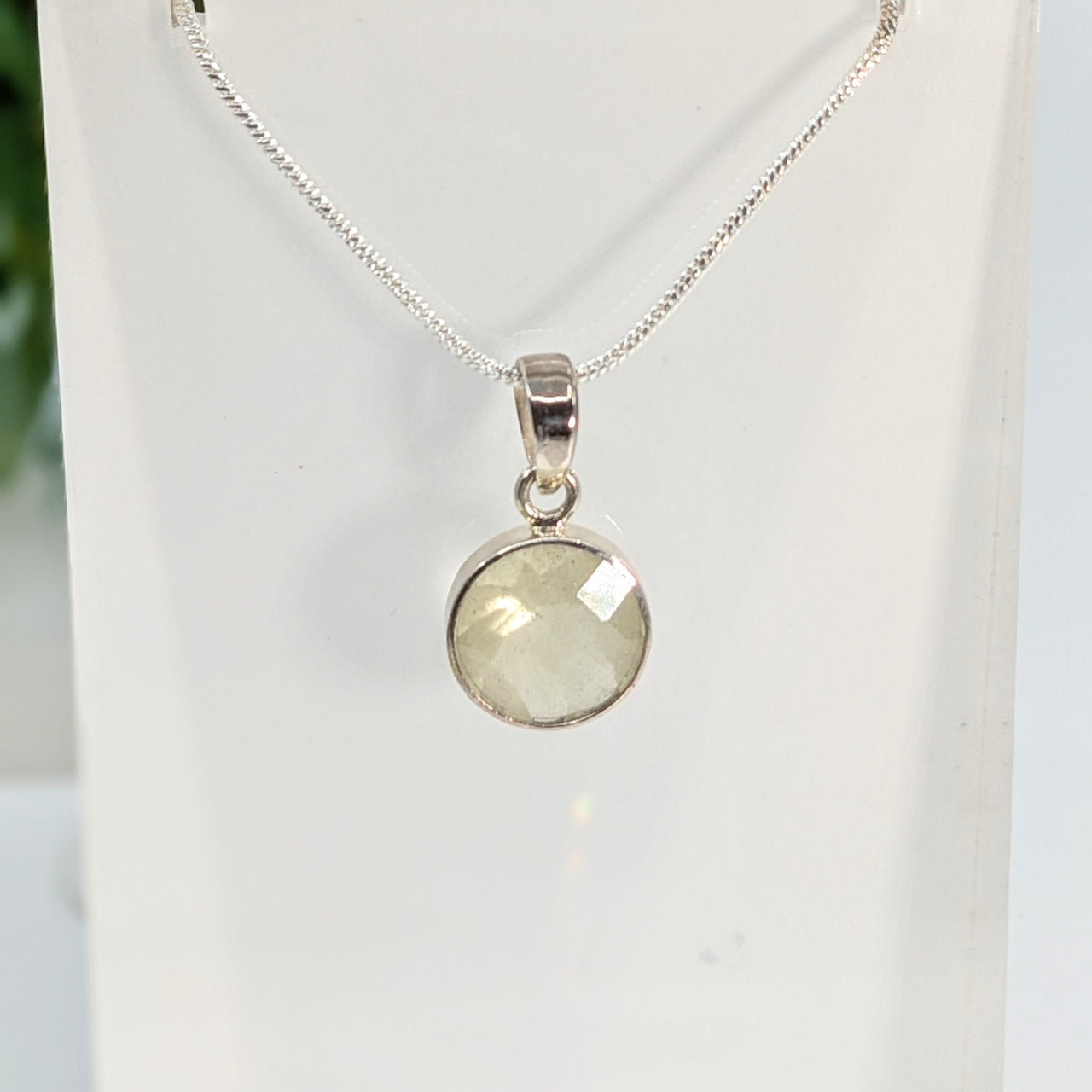 Libyan Desert Glass .5" Round Faceted S.S. Pendant #LV5804