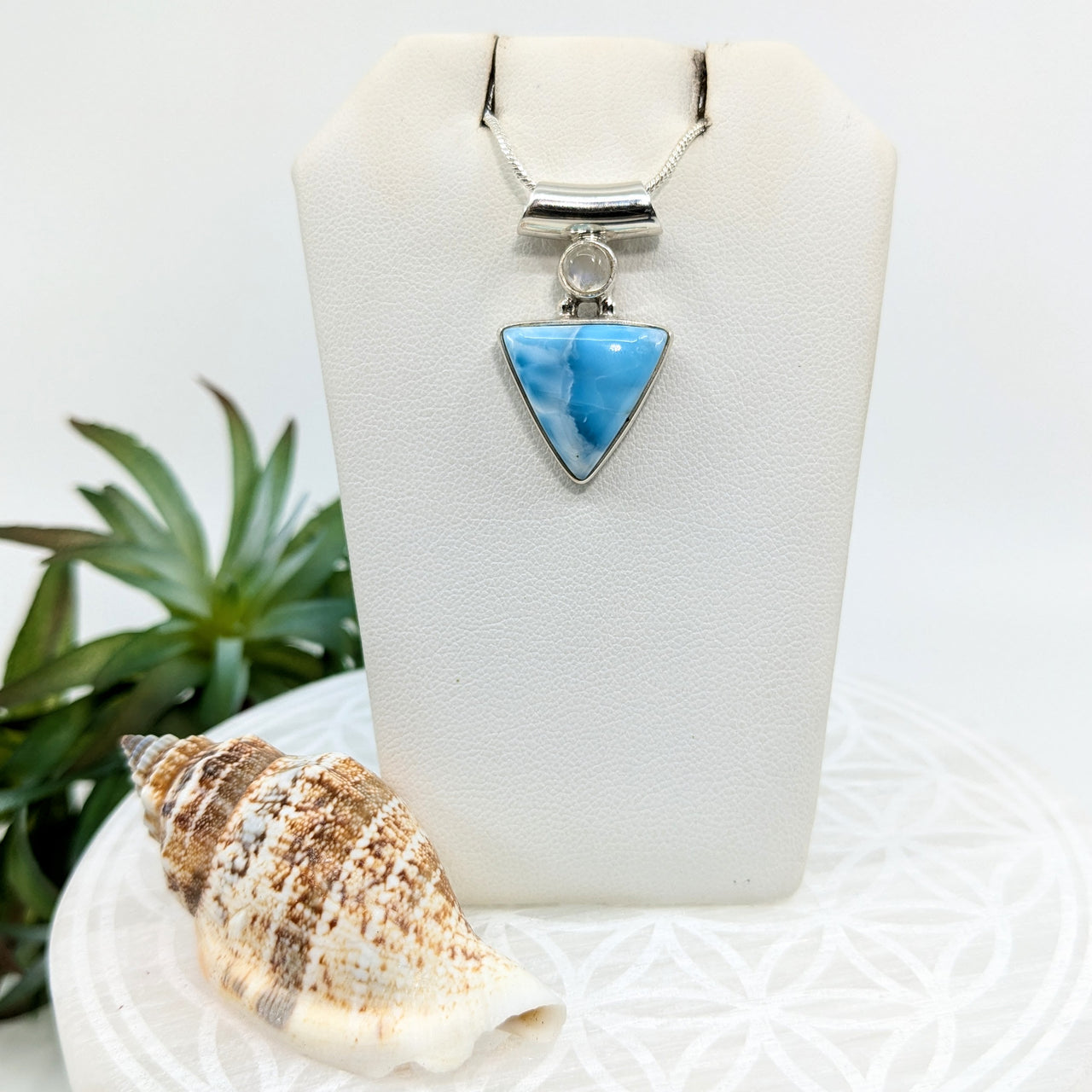 Larimar & Moonstone 1.2" S.S. Triangle Pendant #LV5940