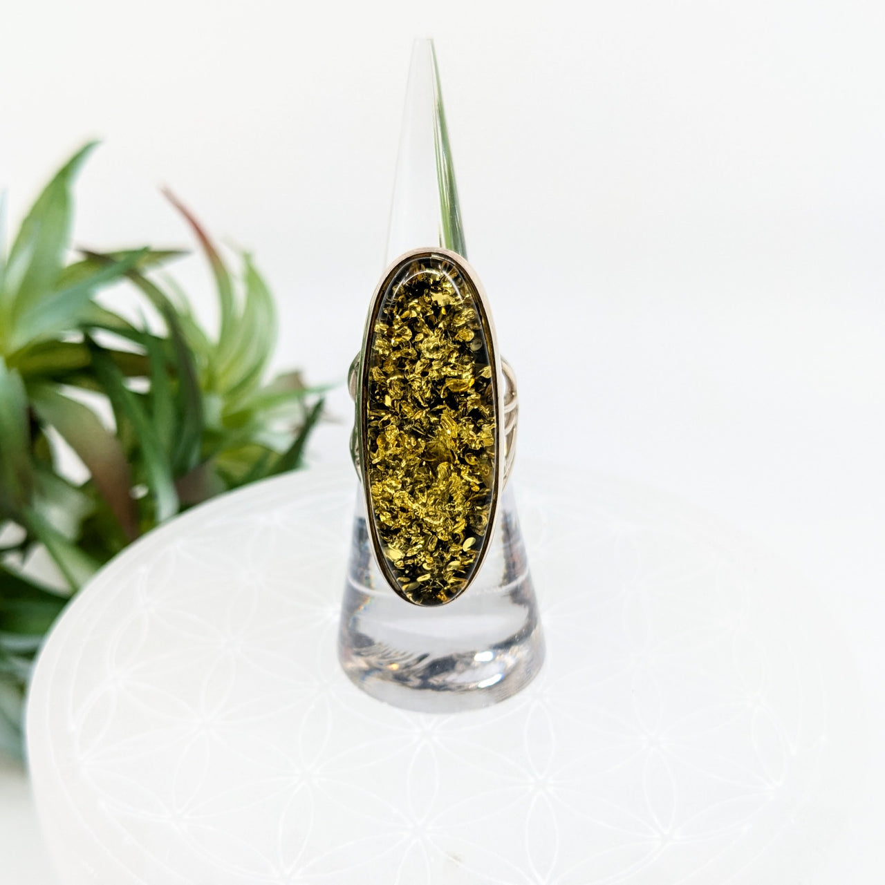 Amber Baltic Green Sz 6 Oval S.S. Ring #LV6002