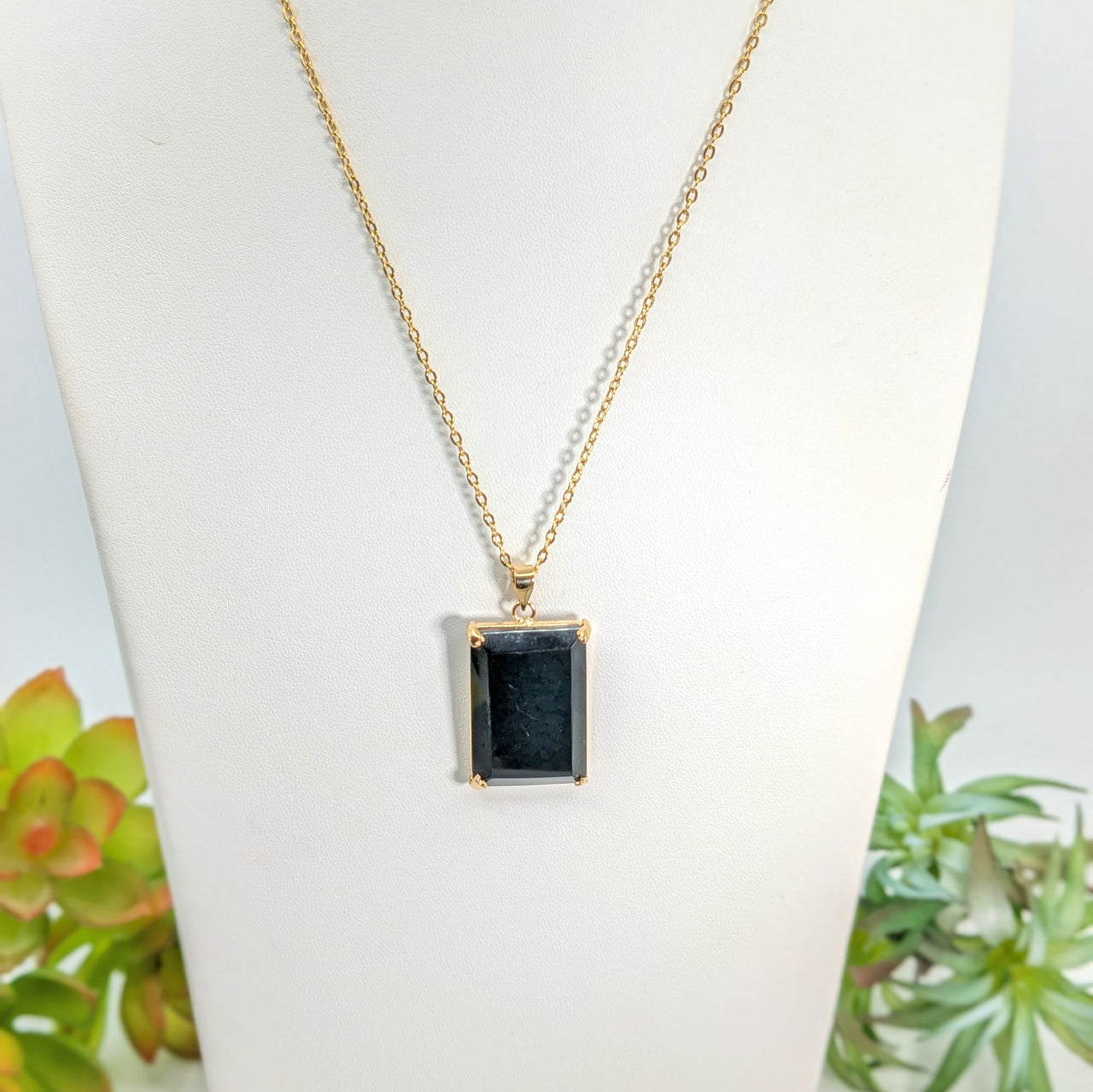 Black Onyx 17" Rectangle Pendant Necklace #LV7176