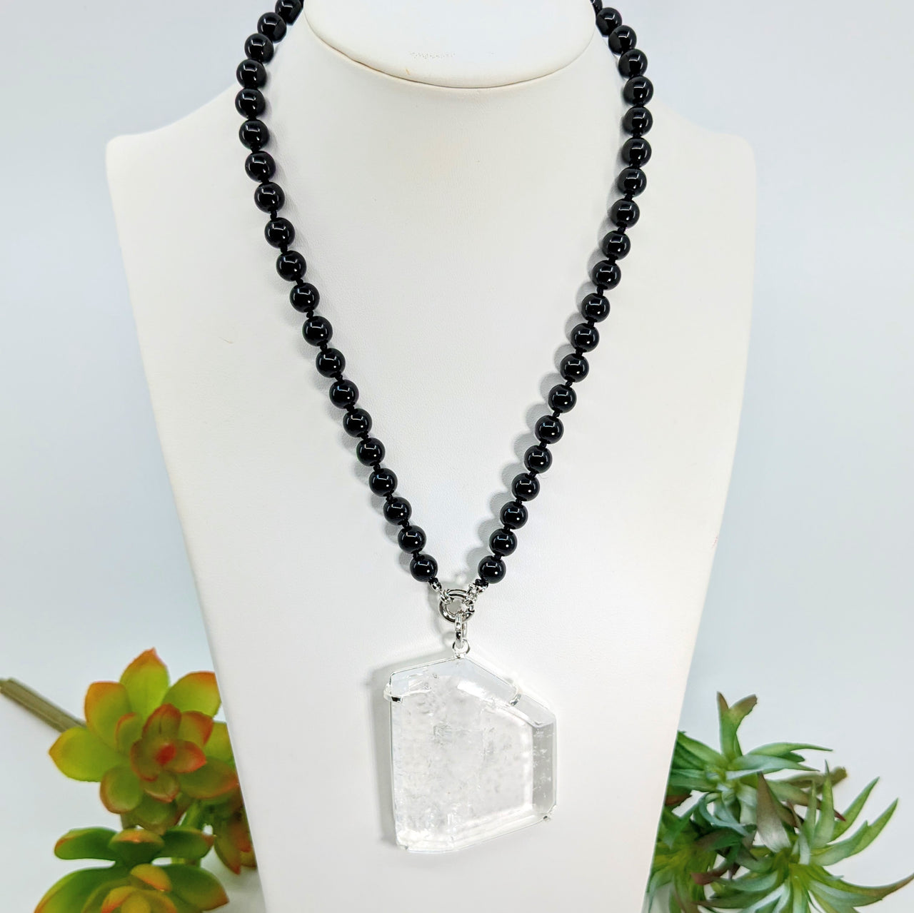 Clear Quartz 16" Slice Pendant on Onyx Necklace #LV7178