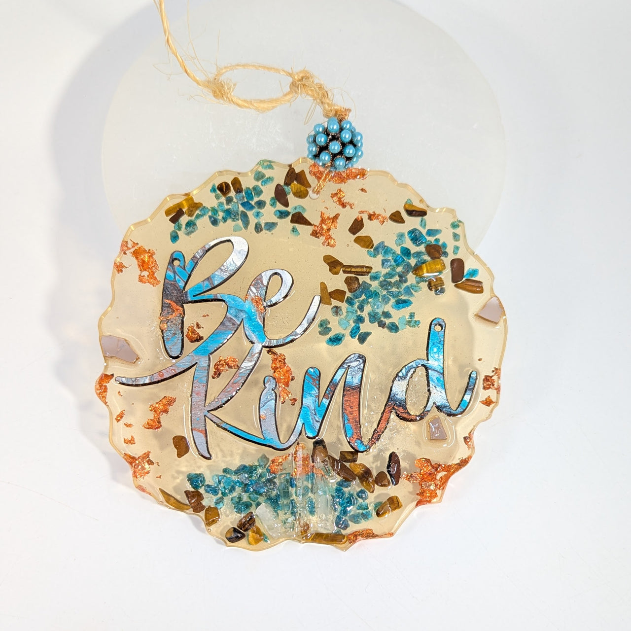 Crystals and Copper Leaf 5" Be Kind Resin Hanging Ornament #NBG017