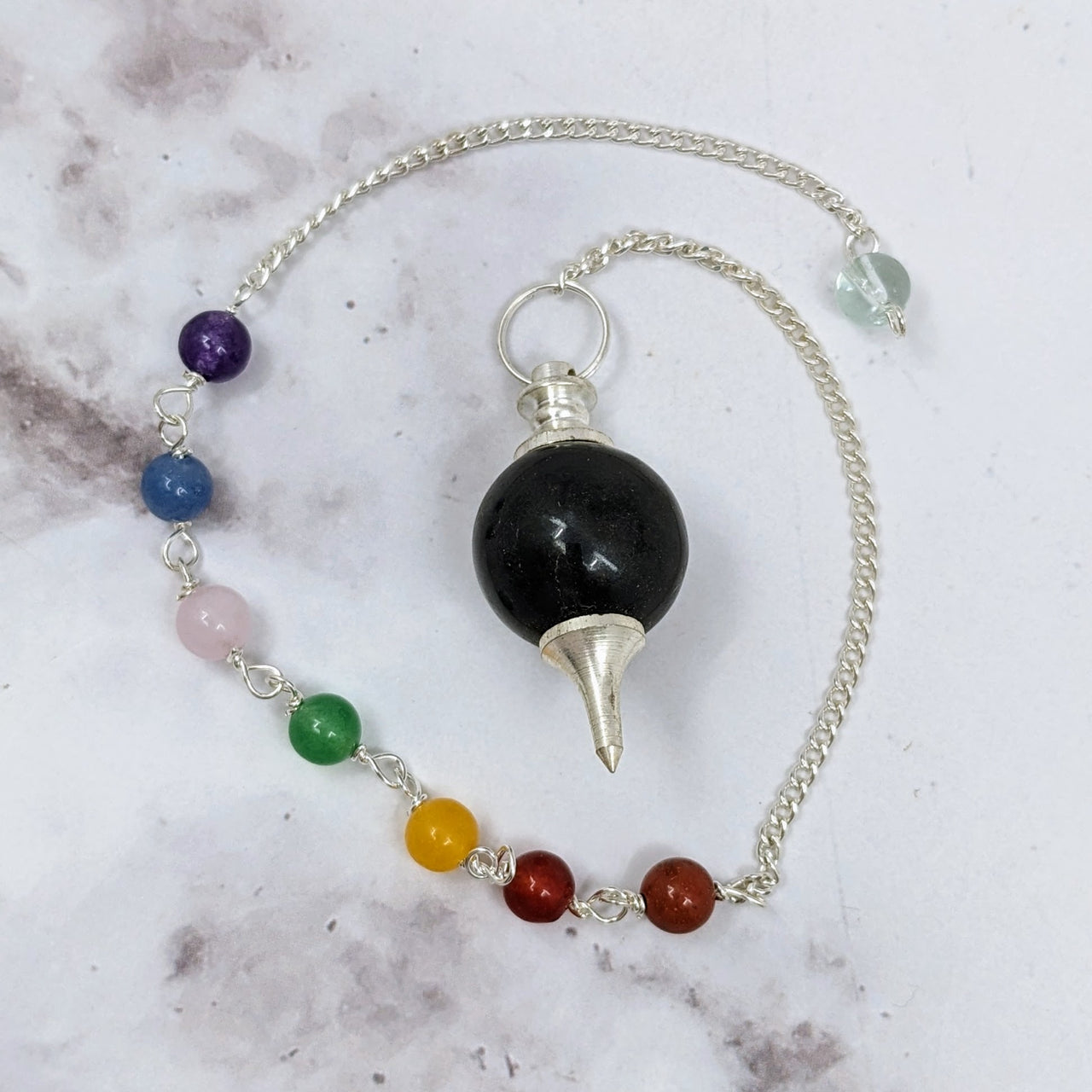 Black Tourmaline Marble w/ Chakra Chain Pendulum #J590