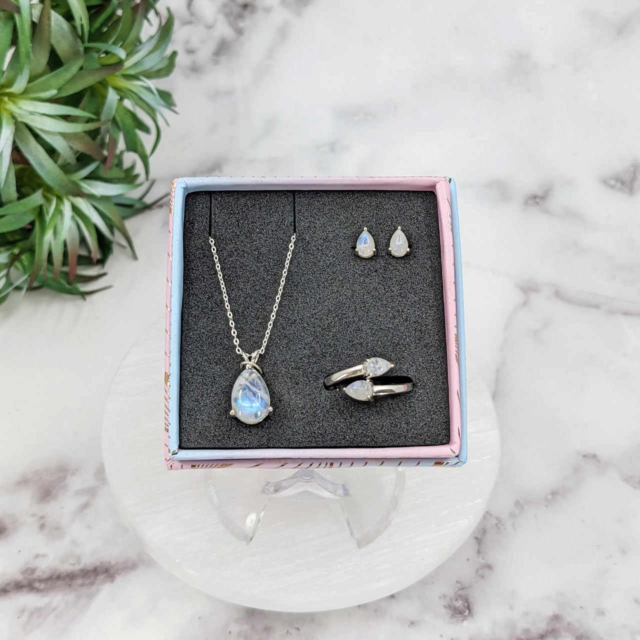 Moonstone Polished Jewelry 3 pc Box Set Sterling Silver Earrings, Pendant, Adjustable Ring  #LV3200